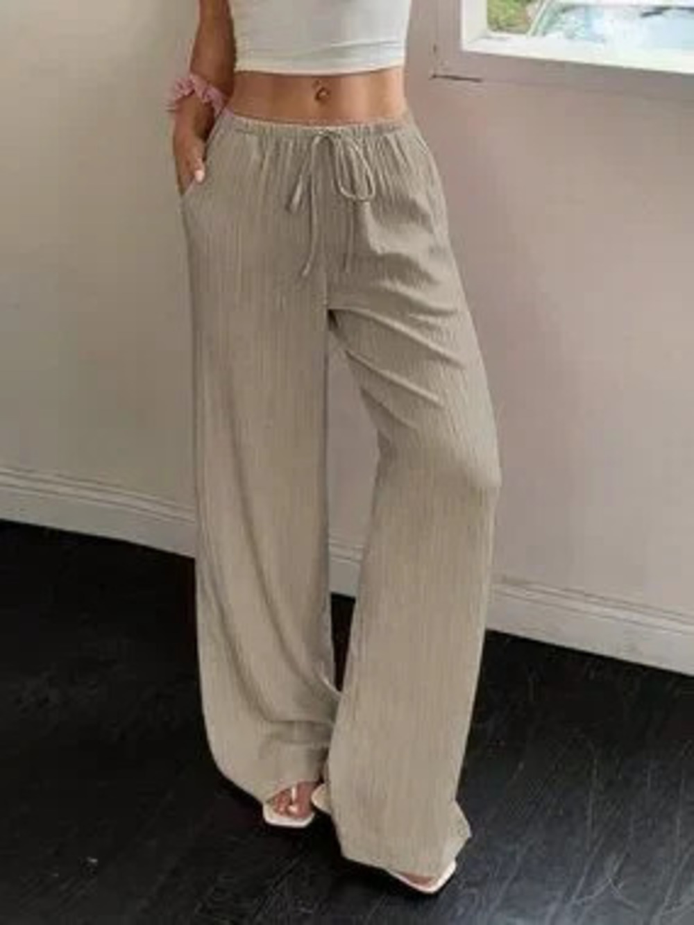 Khaki Casual Women's Wide Leg Pants